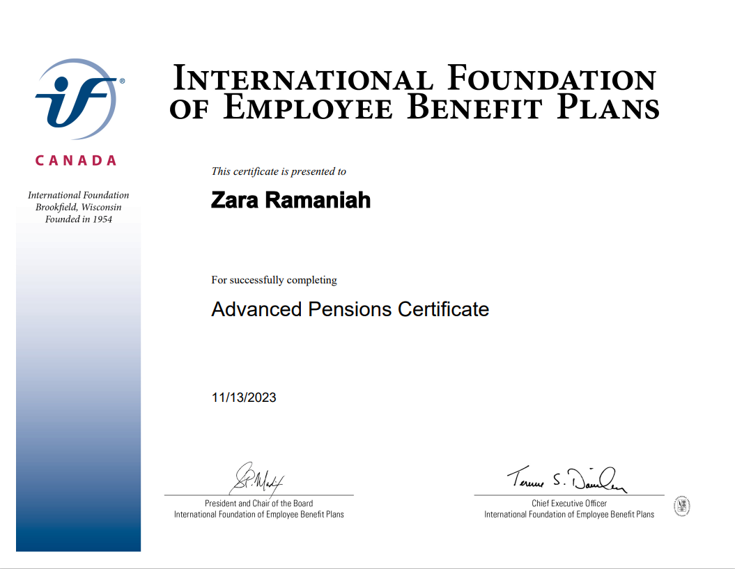 Advanced Pensions Certificate awarded to Zara Ramaniah by the International Foundation of Employee Benefit Plans