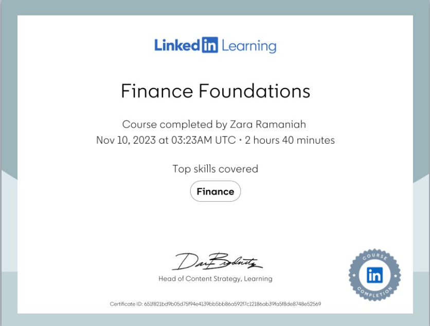 Certificate of completion from LinkedIn Learning on Finance Foundations