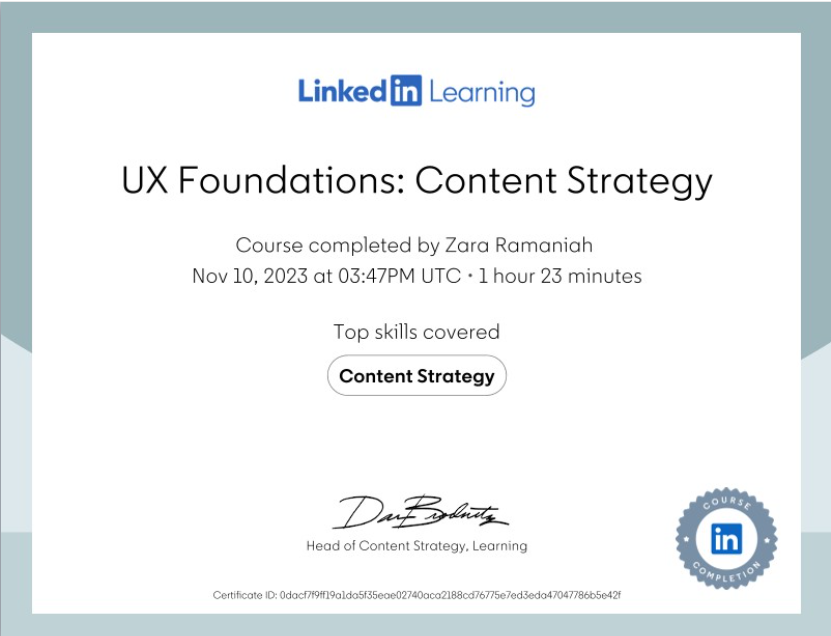 Certificate of completion from LinkedIn Learning on UX Foundations - Content Strategy